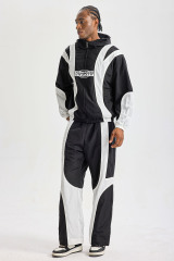 Custom Black‑White Curved Spliced Hooded Tracksuit 2‑Piece Set | Men Crinkle Nylon Zip‑Up Hooded Windbreaker & Wide‑Leg Pants Retro Racing Streetwear Sweatsuit