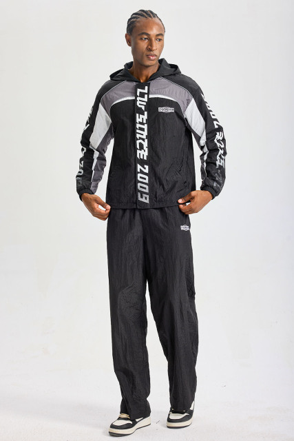 Custom Retro 2009 Graphic Color‑Block Hooded Tracksuit 2‑Piece Set | Men Crinkle Nylon Zip‑Up Windbreaker & Wide‑Leg Pants Streetwear Sweatsuit