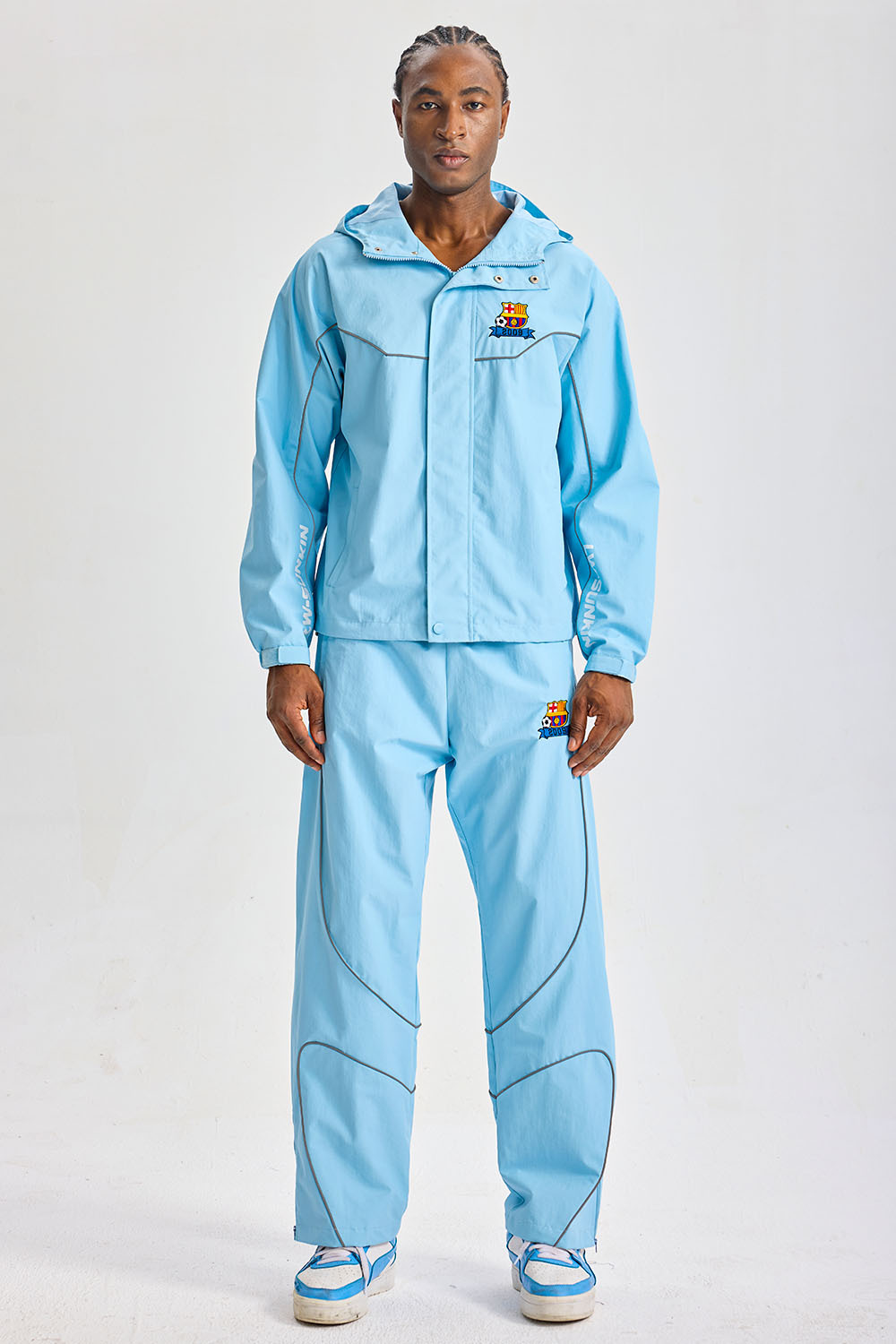 Custom Light Blue Reflective‑Piping Hooded Tracksuit Set | Men 2‑Piece Windbreaker Jacket & Pants Sport Streetwear Embroidery Logo Sweatsuit