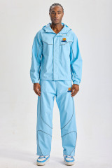 Custom Light Blue Reflective‑Piping Hooded Tracksuit Set | Men 2‑Piece Windbreaker Jacket & Pants Sport Streetwear Embroidery Logo Sweatsuit