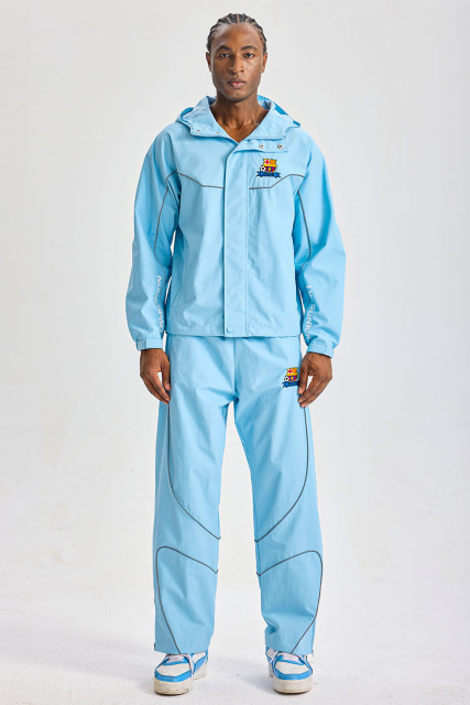 Custom Light Blue Reflective‑Piping Hooded Tracksuit Set | Men 2‑Piece Windbreaker Jacket & Pants Sport Streetwear Embroidery Logo Sweatsuit