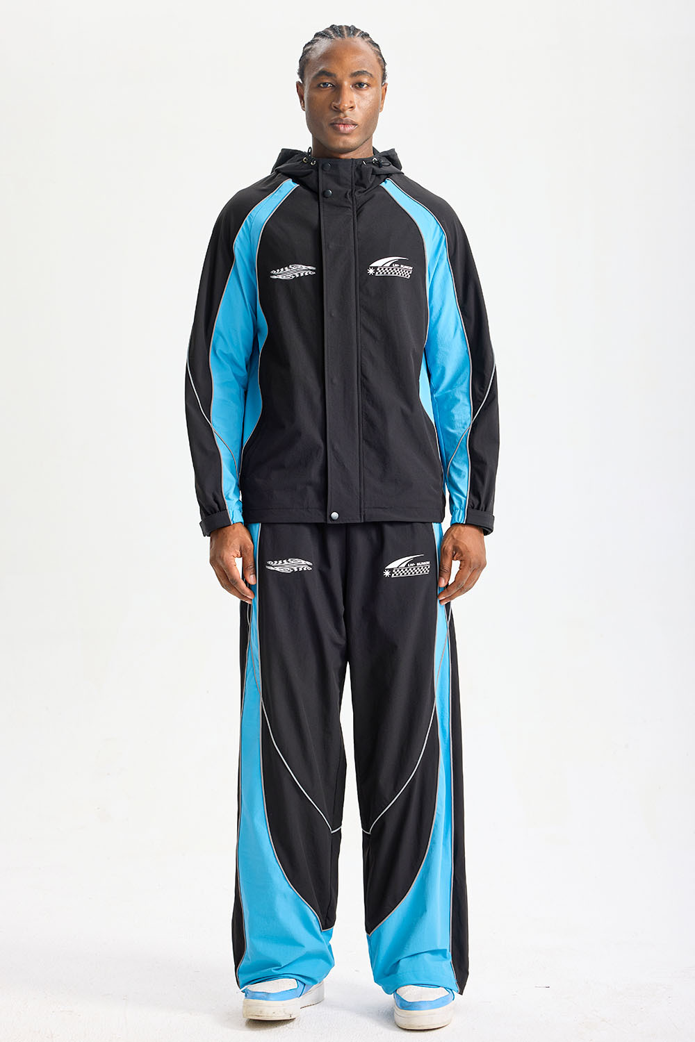 Custom Color‑Block Reflective Piping Racing Style Hooded Tracksuit 2‑Piece Set | Men Windbreaker Jacket & Wide Leg Pants Motor Sport Streetwear Sweatsuit