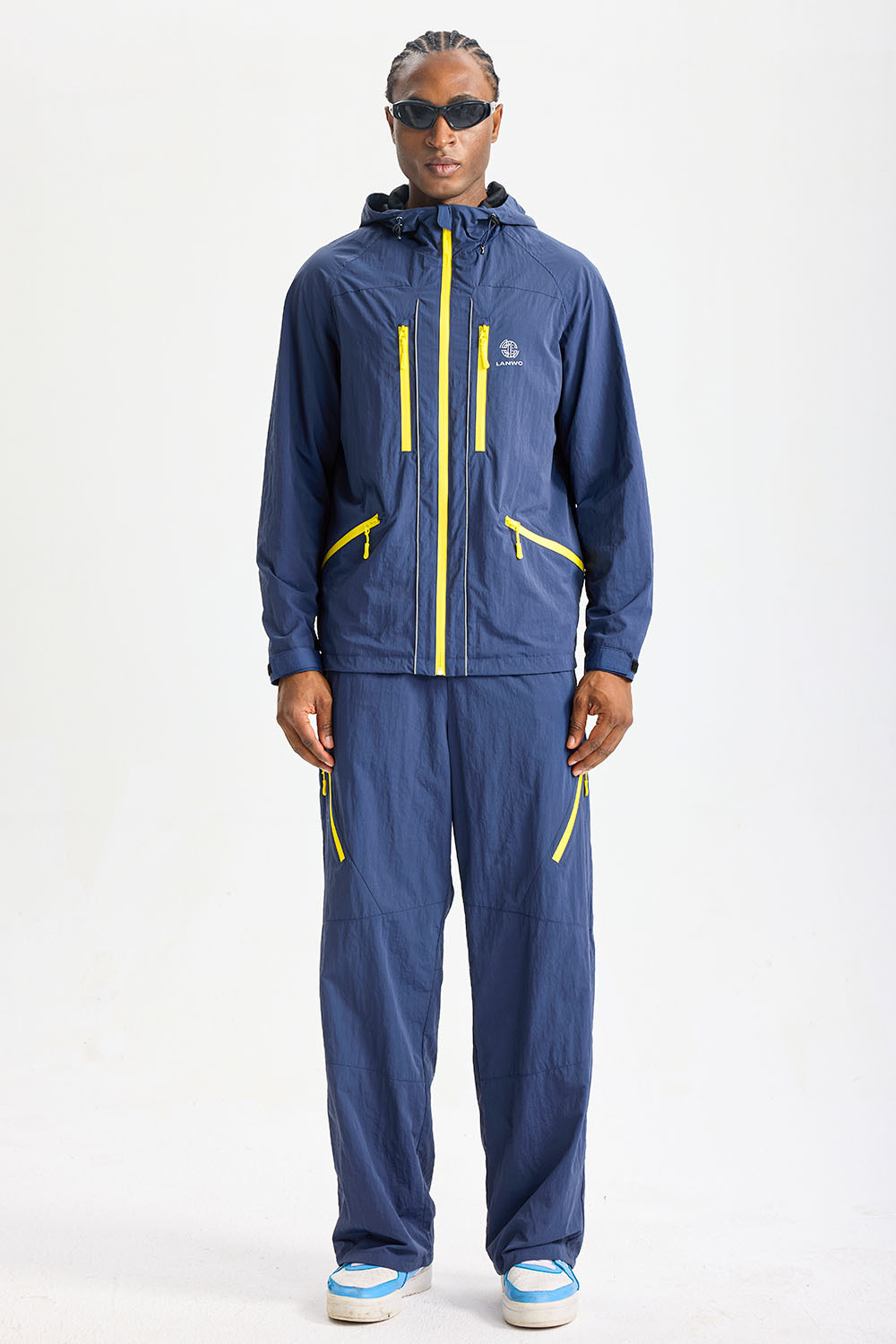 Custom Navy Yellow Contrast Zip‑Pocket Outdoor Tracksuit 2‑Piece Set | Men Hooded Windbreaker Jacket & Wide‑Leg Pants Hiking Streetwear Sweatsuit