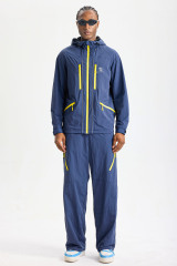 Custom Navy Yellow Contrast Zip‑Pocket Outdoor Tracksuit 2‑Piece Set | Men Hooded Windbreaker Jacket & Wide‑Leg Pants Hiking Streetwear Sweatsuit