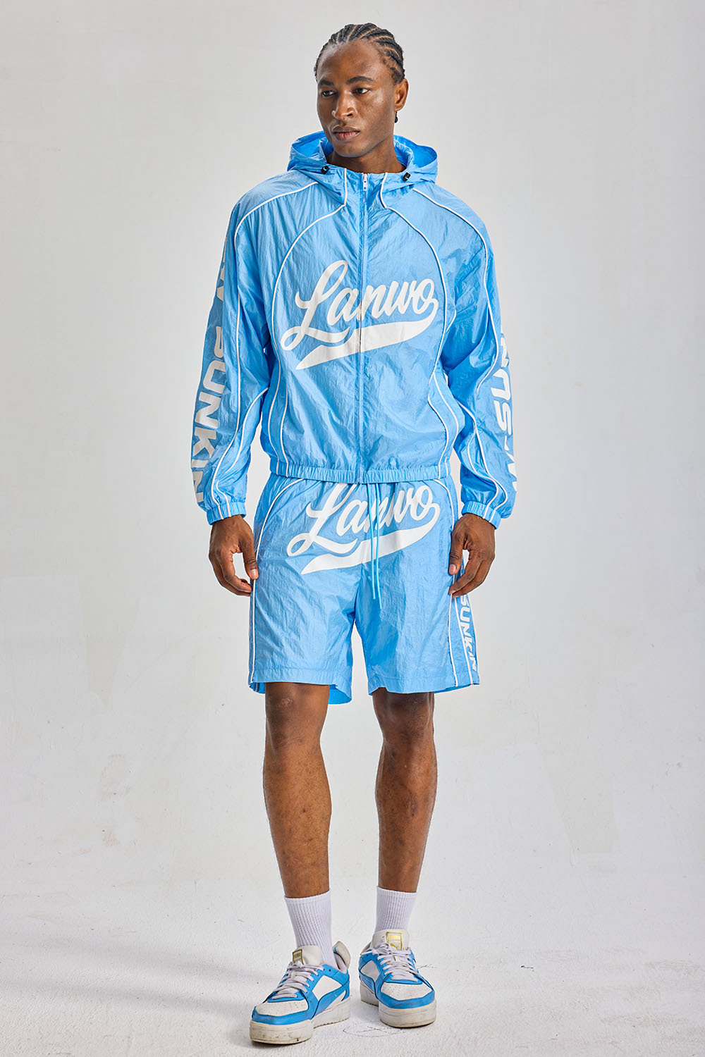 Custom Crinkle Nylon Hooded Windbreaker Short Set 2‑Piece | Men Blue Retro Script Logo Jacket & Shorts Streetwear Tracksuit