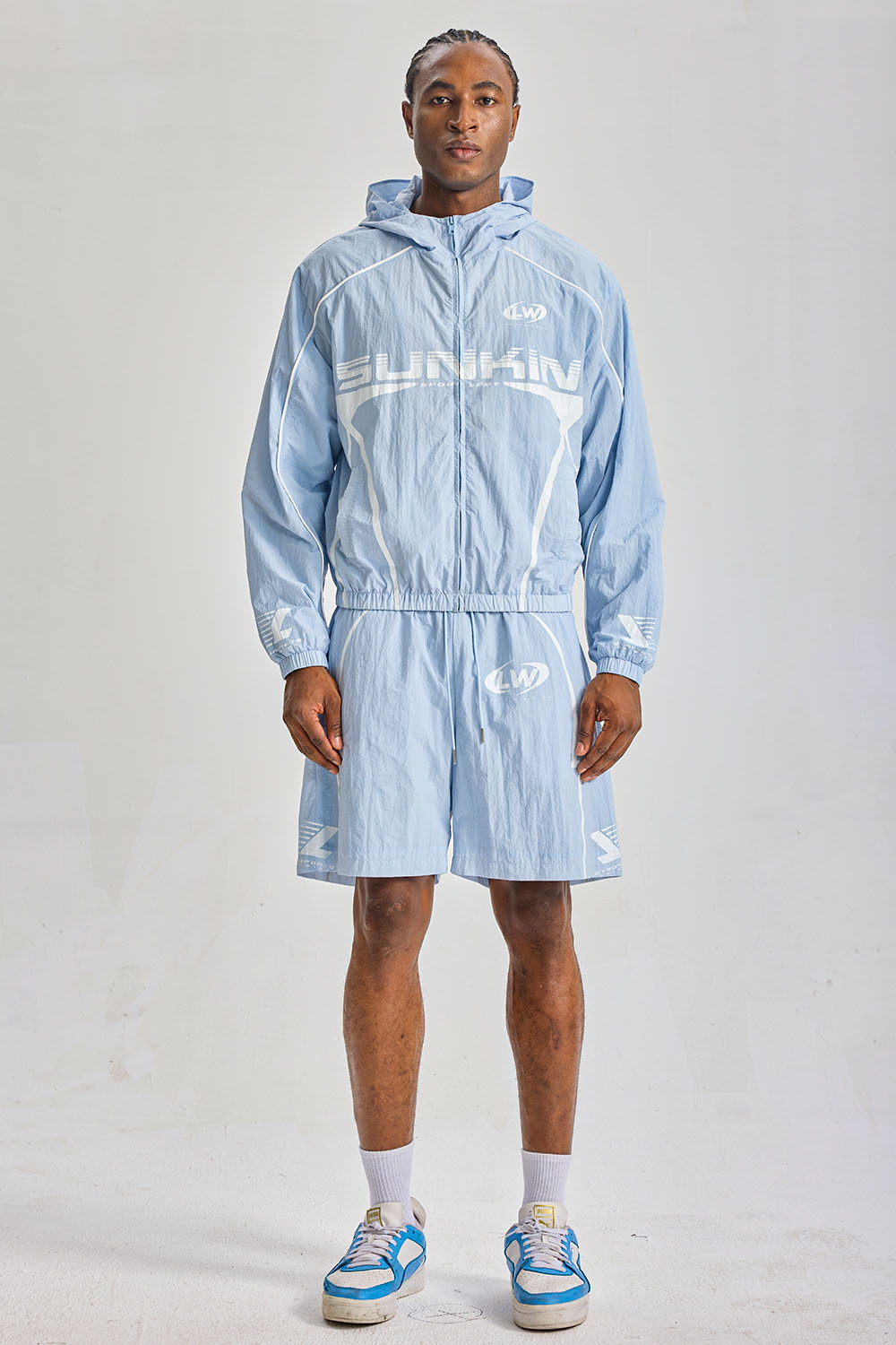 Custom Light Blue Crinkle Nylon Hooded Short Tracksuit 2‑Piece Set | Men Cropped Windbreaker Jacket & Shorts Sport Streetwear Sweatsuit