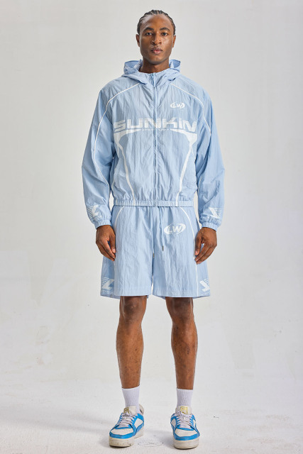 Custom Light Blue Crinkle Nylon Hooded Short Tracksuit 2‑Piece Set | Men Cropped Windbreaker Jacket & Shorts Sport Streetwear Sweatsuit