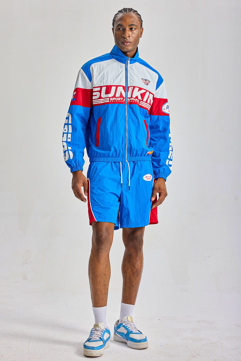 Custom Red‑White‑Blue Color‑Block Racing Short Tracksuit 2‑Piece | Men Crinkle Nylon Stand‑Collar Windbreaker Jacket & Shorts Retro Streetwear Sweatsuit