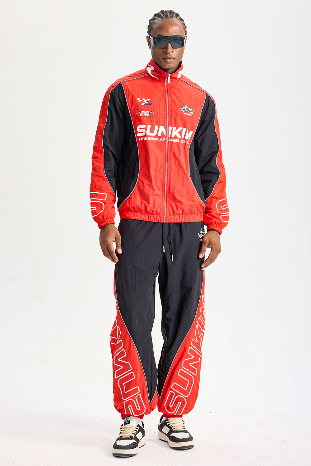 Custom Red‑Black Racing Color‑Block Tracksuit 2‑Piece Set | Men Crinkle Nylon Stand‑Collar Windbreaker & Jogger Pants Motorsport Streetwear Sweatsuit