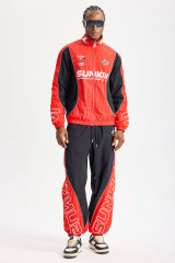 Custom Red‑Black Racing Color‑Block Tracksuit 2‑Piece Set | Men Crinkle Nylon Stand‑Collar Windbreaker & Jogger Pants Motorsport Streetwear Sweatsuit
