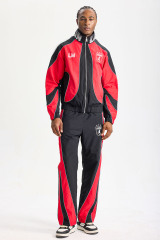 Custom Red‑Black Soccer Color‑Block Tracksuit 2‑Piece Set | Men Crinkle Nylon Stand‑Collar Windbreaker & Straight‑Leg Pants Retro Sport Streetwear Sweatsuit