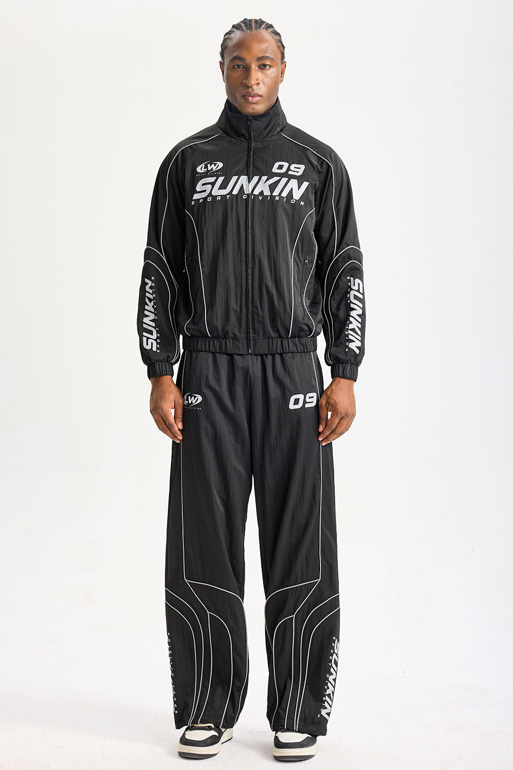 Custom Black Retro Racing Tracksuit 2‑Piece Set | Men Crinkle Nylon Stand‑Collar Windbreaker & Wide‑Leg Pants Sport Streetwear Sweatsuit