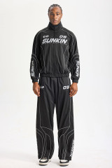 Custom Black Retro Racing Tracksuit 2‑Piece Set | Men Crinkle Nylon Stand‑Collar Windbreaker & Wide‑Leg Pants Sport Streetwear Sweatsuit