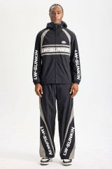 Custom Black‑Grey Color‑Block Hooded Tracksuit 2‑Piece Set | Men Crinkle Nylon Full‑Zip Hooded Windbreaker & Wide‑Leg Pants Retro Sport Streetwear Sweatsuit