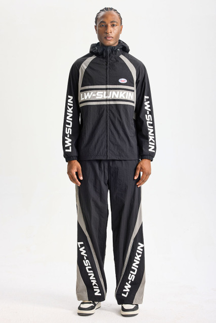 Custom Black‑Grey Color‑Block Hooded Tracksuit 2‑Piece Set | Men Crinkle Nylon Full‑Zip Hooded Windbreaker & Wide‑Leg Pants Retro Sport Streetwear Sweatsuit
