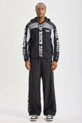 Custom Retro 2009 Graphic Color‑Block Hooded Tracksuit 2‑Piece Set | Men Crinkle Nylon Zip‑Up Windbreaker & Wide‑Leg Pants Streetwear Sweatsuit