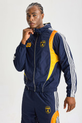 Custom Navy Blue Soccer‑Style Color‑Block Hooded Tracksuit 2‑Piece Set | Men Crinkle Nylon Zip‑Up Windbreaker & Wide‑Leg Pants Retro Football Streetwear Sweatsuit
