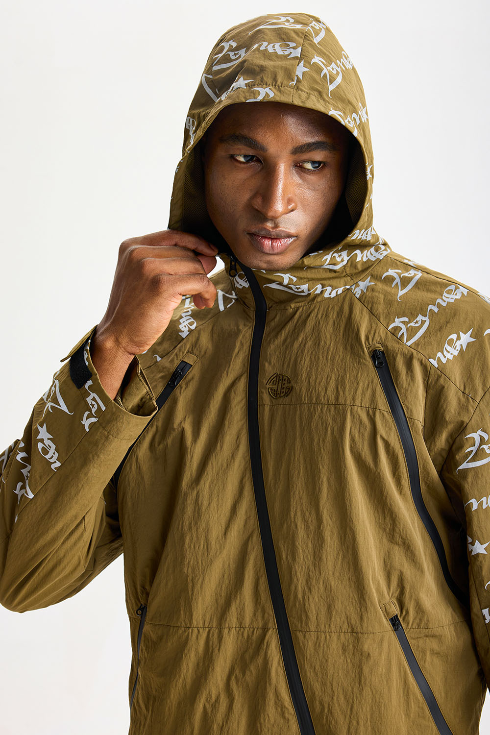 Custom Mustard‑Brown Diagonal‑Zip All‑Over Print Hooded Tracksuit 2‑Piece Set | Men Crinkle Nylon Windbreaker & Wide‑Leg Pants Tech Streetwear Sweatsuit