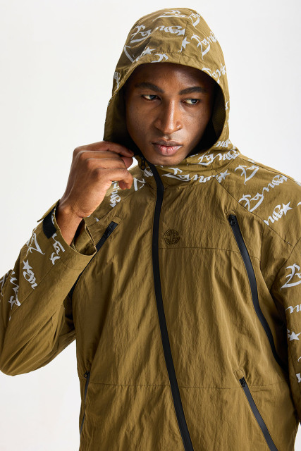 Custom Mustard‑Brown Diagonal‑Zip All‑Over Print Hooded Tracksuit 2‑Piece Set | Men Crinkle Nylon Windbreaker & Wide‑Leg Pants Tech Streetwear Sweatsuit