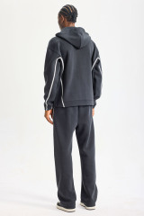 Custom Dark Grey Zip‑Up Hooded Sweat Suit 2‑Piece Set | Men French Terry Tracksuit With White Wavy Contrast Stitching Embossed Logo Streetwear Outfit