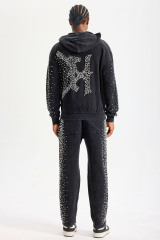 Custom Washed Black Rhinestone Zip‑Up Hoodie Tracksuit 2‑Piece Set | Men Heavyweight French Terry Streetwear Sweatsuit With Scattered Hot‑Fix Rhinestone Details