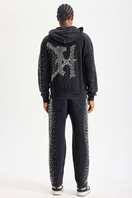 Custom Washed Black Rhinestone Zip‑Up Hoodie Tracksuit 2‑Piece Set | Men Heavyweight French Terry Streetwear Sweatsuit With Scattered Hot‑Fix Rhinestone Details