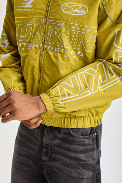 Custom Mustard Yellow Retro Motorsport Coach Jacket | Men Cropped Nylon Windbreaker With Reflective Piping & Sunkin Racing Graphic Prints Streetwear