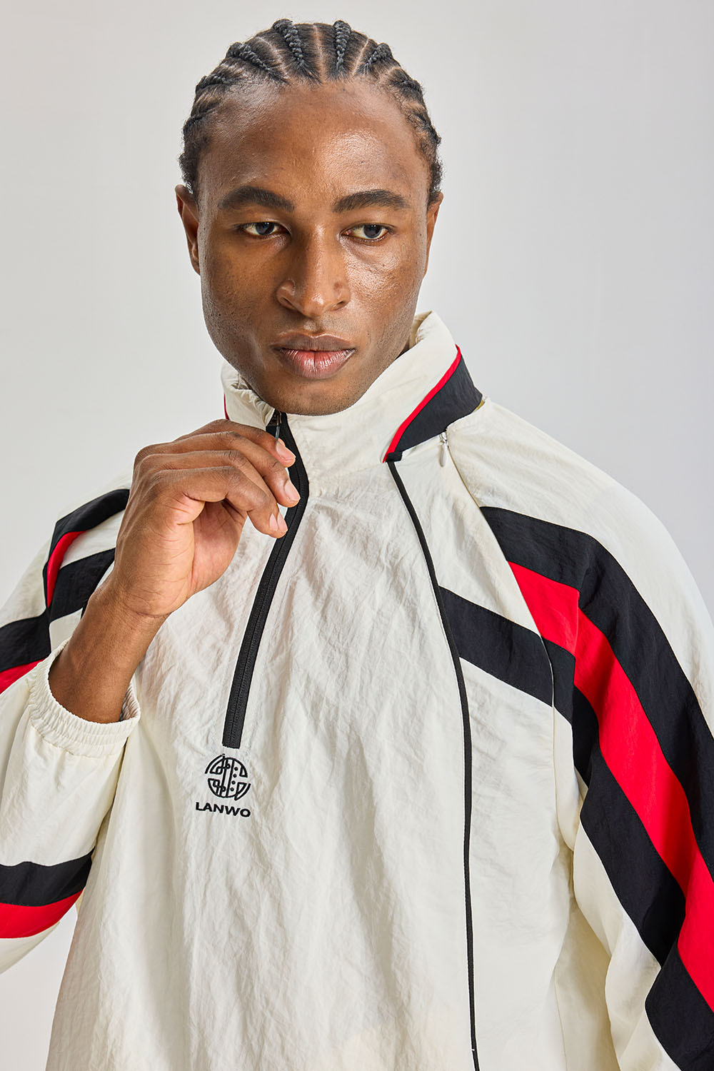 Custom 1/4 Zip Color‑Block Nylon Anorak Jacket | Men Retro Raglan Windbreaker With Red‑Black Panel & Lanwo Monogram Print Streetwear