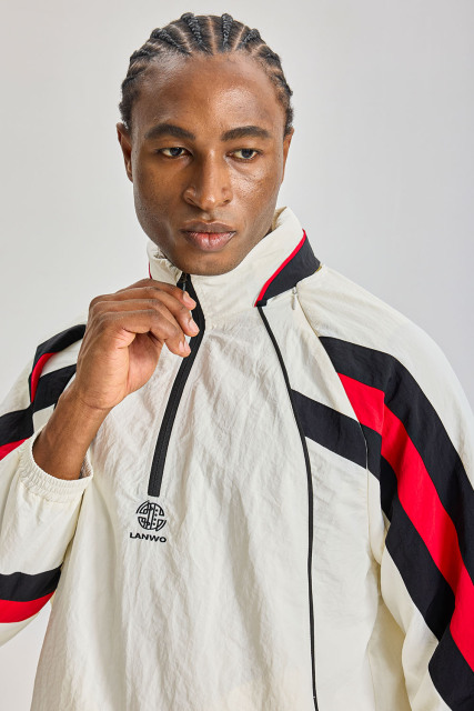 Custom 1/4 Zip Color‑Block Nylon Anorak Jacket | Men Retro Raglan Windbreaker With Red‑Black Panel & Lanwo Monogram Print Streetwear