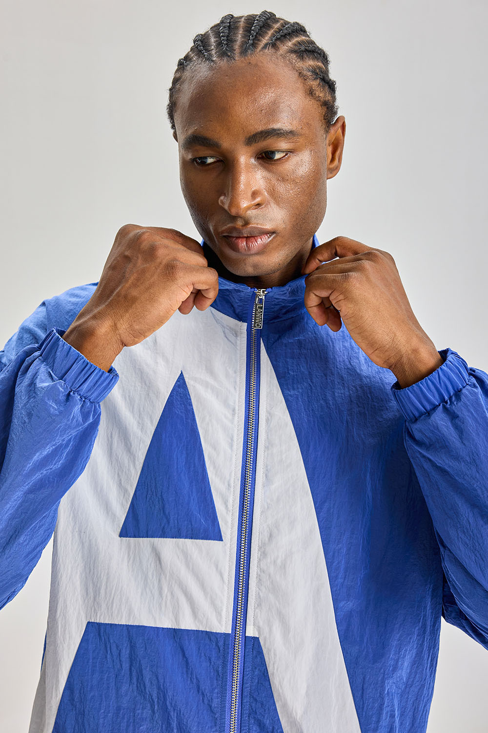 Custom Blue‑White Big Graphic Color‑Block Nylon Track Jacket | Men Retro Full‑Zip Stand Collar Crinkle Nylon Windbreaker Streetwear