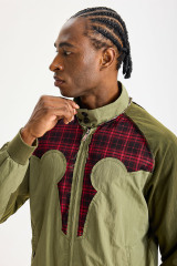 Custom Olive Mixed‑Fabric Patchwork Bomber Jacket | Men Retro Red Plaid Raw‑Edge Splicing Stand Collar Streetwear Jacket
