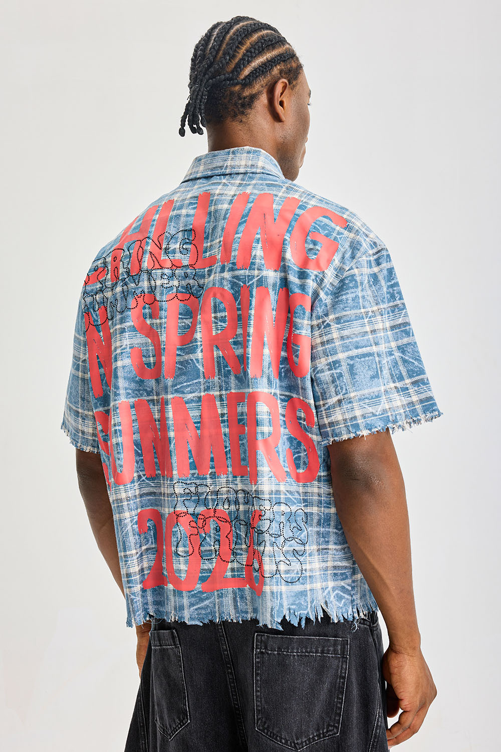 Custom Washed Blue Plaid Short‑Sleeve Shirt | Men Oversized Frayed‑Edge Sunkin Graffiti Print Streetwear Button‑Up Shirt