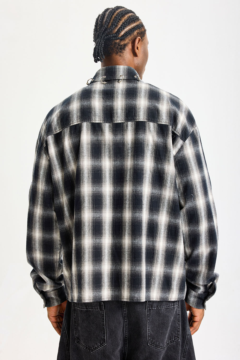 Custom Black‑White Plaid Patchwork Flannel Shirt | Men Oversized Skeleton Graphic Raw‑Edge Patches Metal O‑Ring Streetwear Button‑Up Shirt