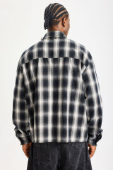 Custom Black‑White Plaid Patchwork Flannel Shirt | Men Oversized Skeleton Graphic Raw‑Edge Patches Metal O‑Ring Streetwear Button‑Up Shirt