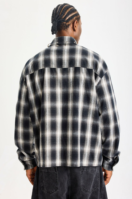 Custom Black‑White Plaid Patchwork Flannel Shirt | Men Oversized Skeleton Graphic Raw‑Edge Patches Metal O‑Ring Streetwear Button‑Up Shirt