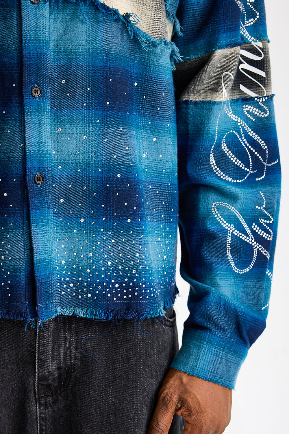 Custom Blue Ombre Plaid Frayed Patchwork Flannel Shirt | Men Oversized Rhinestone Script Print Streetwear Long‑Sleeve Button‑Up Shirt