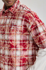 Custom Red Floral‑Plaid Fake Two‑Piece Short‑Sleeve Shirt | Men Oversized Frayed Raw‑Edge Layered Streetwear Button‑Up Shirt