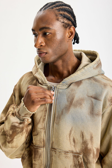 Custom Earth‑Tone Tie‑Dye Cropped Zip‑Up Hoodie | Men Oversized Raw‑Edge Frayed Vintage Washed Streetwear Full‑Zip Hooded Sweatshirt