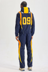 Custom Navy Blue Soccer‑Style Color‑Block Hooded Tracksuit 2‑Piece Set | Men Crinkle Nylon Zip‑Up Windbreaker & Wide‑Leg Pants Retro Football Streetwear Sweatsuit