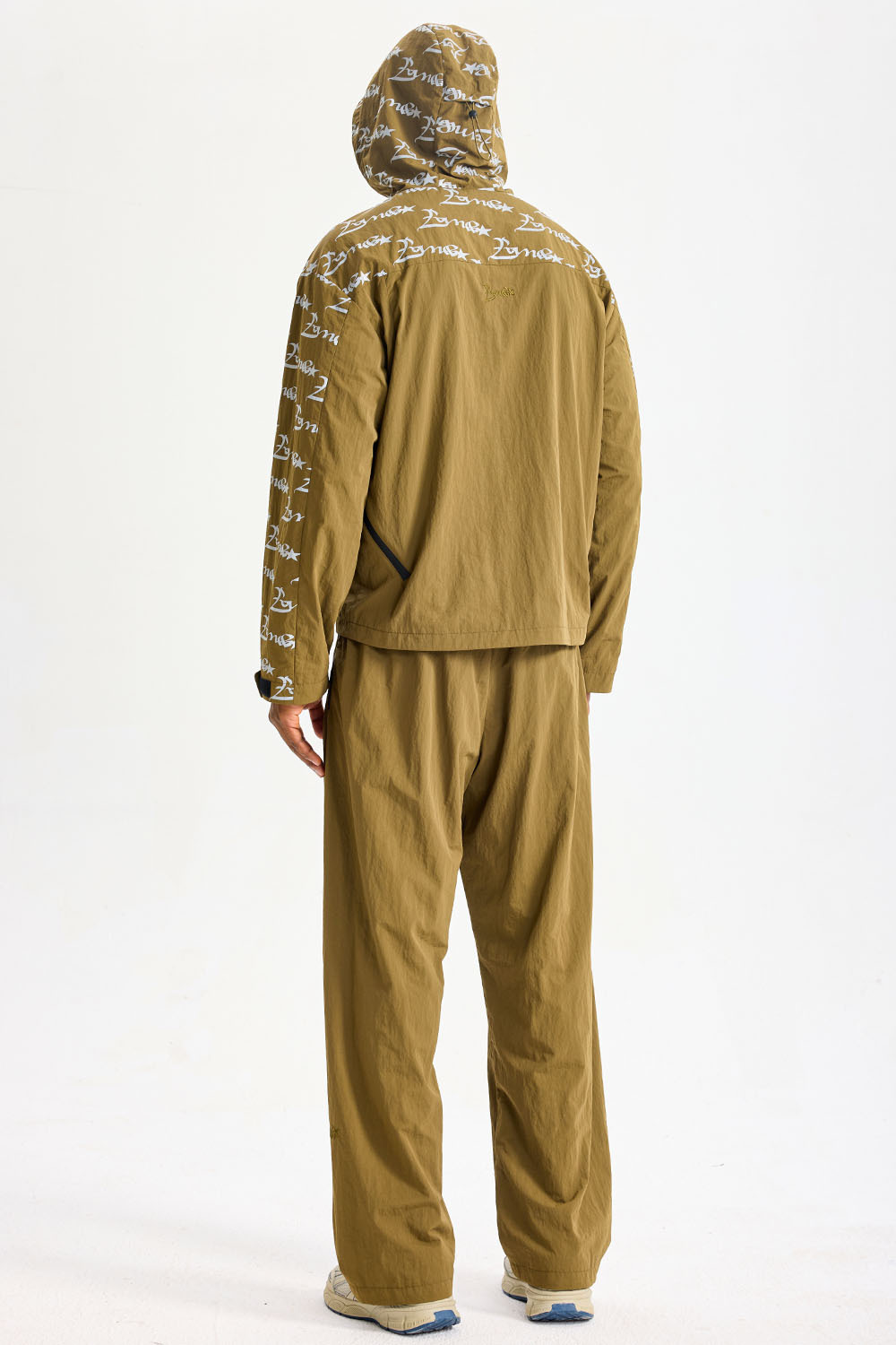 Custom Mustard‑Brown Diagonal‑Zip All‑Over Print Hooded Tracksuit 2‑Piece Set | Men Crinkle Nylon Windbreaker & Wide‑Leg Pants Tech Streetwear Sweatsuit