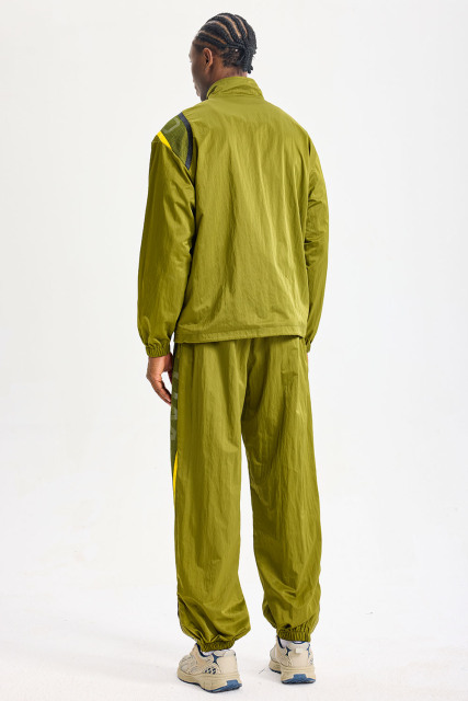 Custom Olive‑Green Stand‑Collar Diagonal Mesh Logo Tape Tracksuit 2‑Piece Set | Men Crinkle Nylon Windbreaker & Jogger Pants Retro Street Sport Sweatsuit