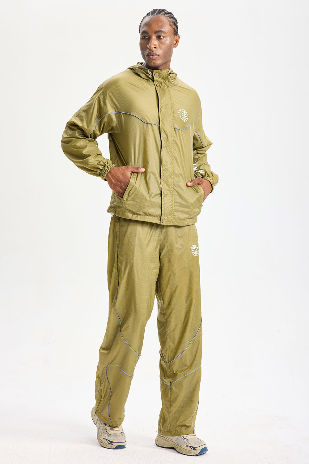 Custom Olive Ripstop Hooded Tracksuit 2‑Piece Set | Men Lightweight Windbreaker & Wide‑Leg Pants With Reflective Piping Vertical Sleeve Letter Tech Street Sport Sweatsuit