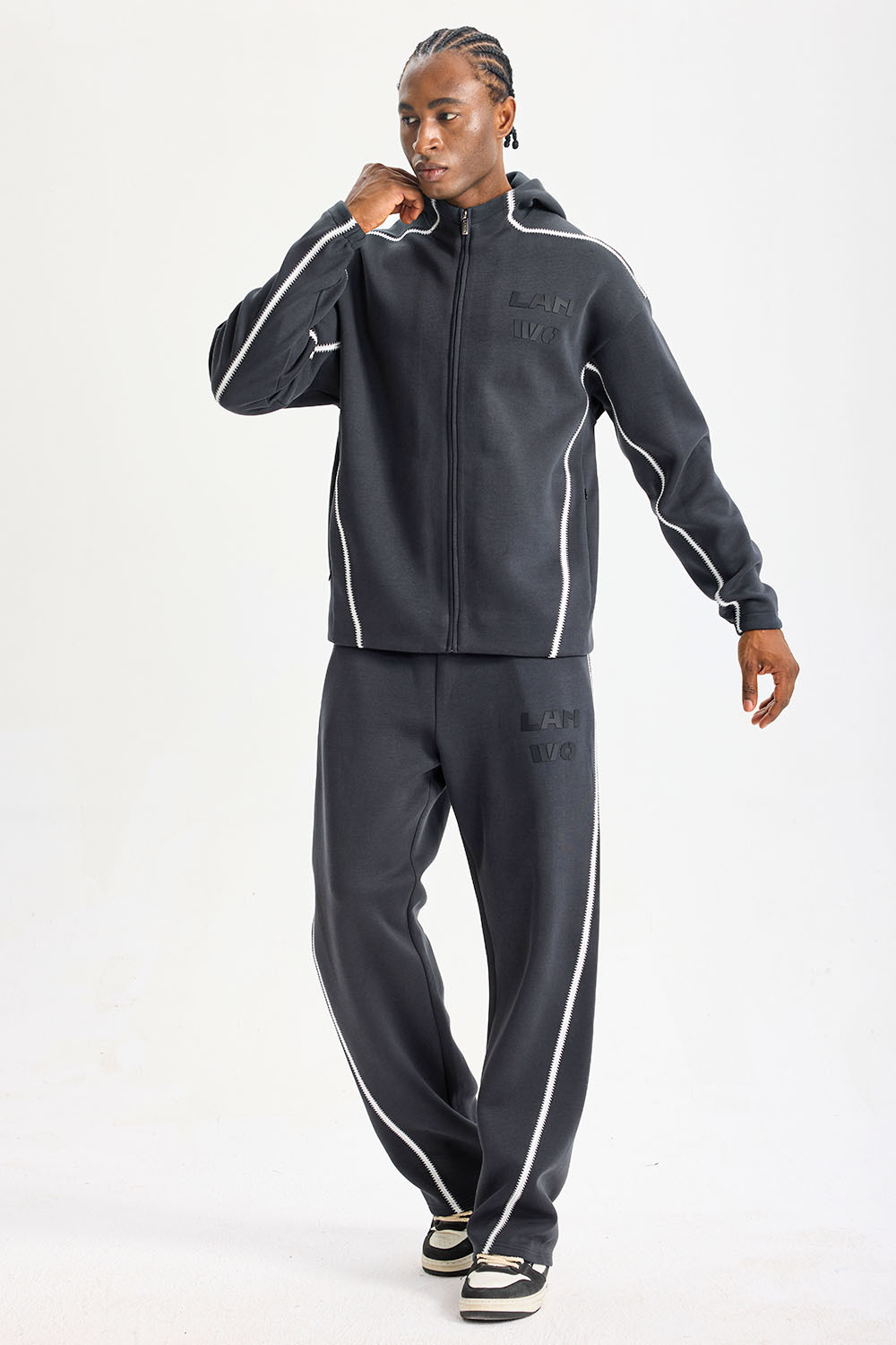 Custom Dark Grey Zip‑Up Hooded Sweat Suit 2‑Piece Set | Men French Terry Tracksuit With White Wavy Contrast Stitching Embossed Logo Streetwear Outfit