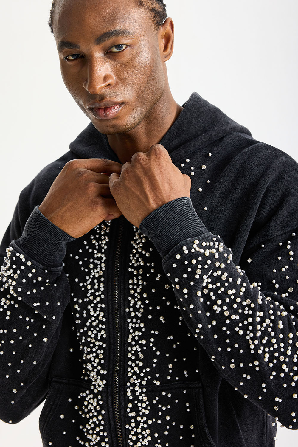 Custom Washed Black Rhinestone Zip‑Up Hoodie Tracksuit 2‑Piece Set | Men Heavyweight French Terry Streetwear Sweatsuit With Scattered Hot‑Fix Rhinestone Details
