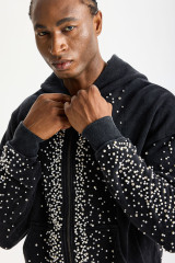 Custom Washed Black Rhinestone Zip‑Up Hoodie Tracksuit 2‑Piece Set | Men Heavyweight French Terry Streetwear Sweatsuit With Scattered Hot‑Fix Rhinestone Details