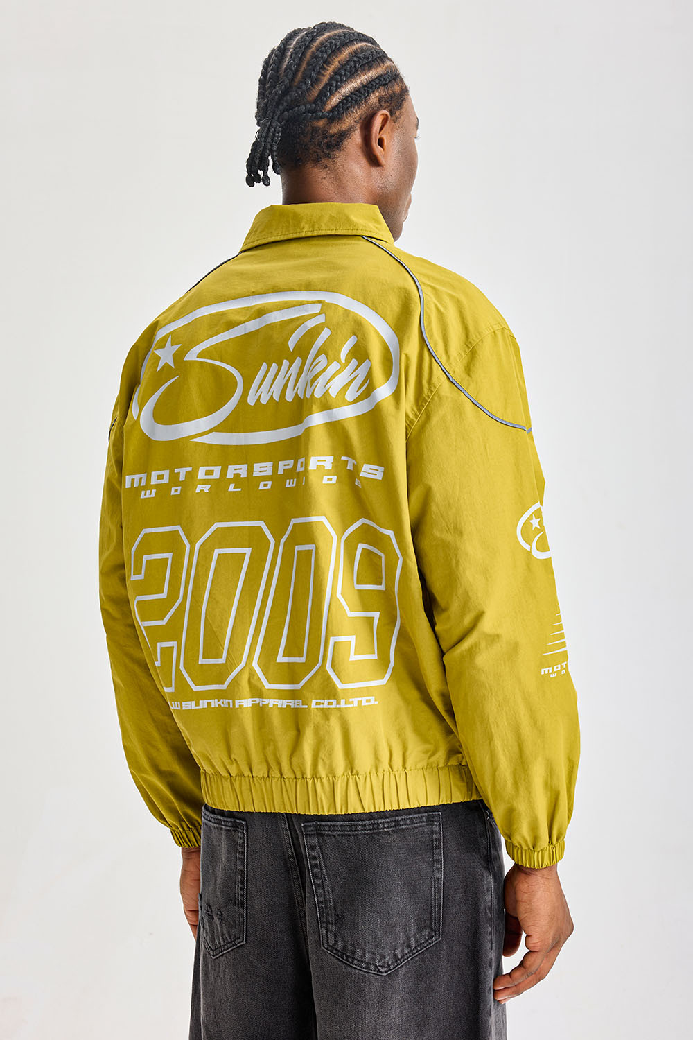 Custom Mustard Yellow Retro Motorsport Coach Jacket | Men Cropped Nylon Windbreaker With Reflective Piping & Sunkin Racing Graphic Prints Streetwear