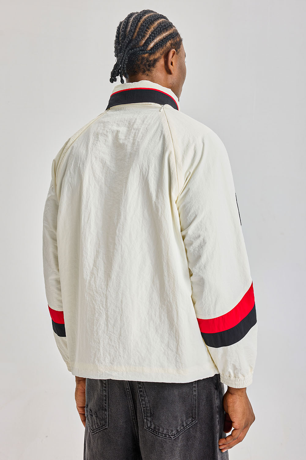 Custom 1/4 Zip Color‑Block Nylon Anorak Jacket | Men Retro Raglan Windbreaker With Red‑Black Panel & Lanwo Monogram Print Streetwear