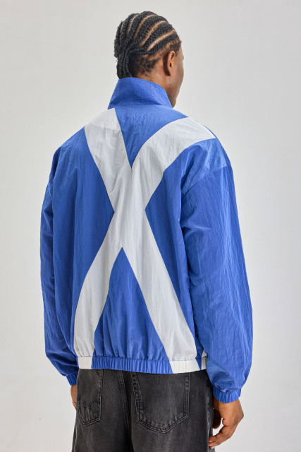 Custom Blue‑White Big Graphic Color‑Block Nylon Track Jacket | Men Retro Full‑Zip Stand Collar Crinkle Nylon Windbreaker Streetwear