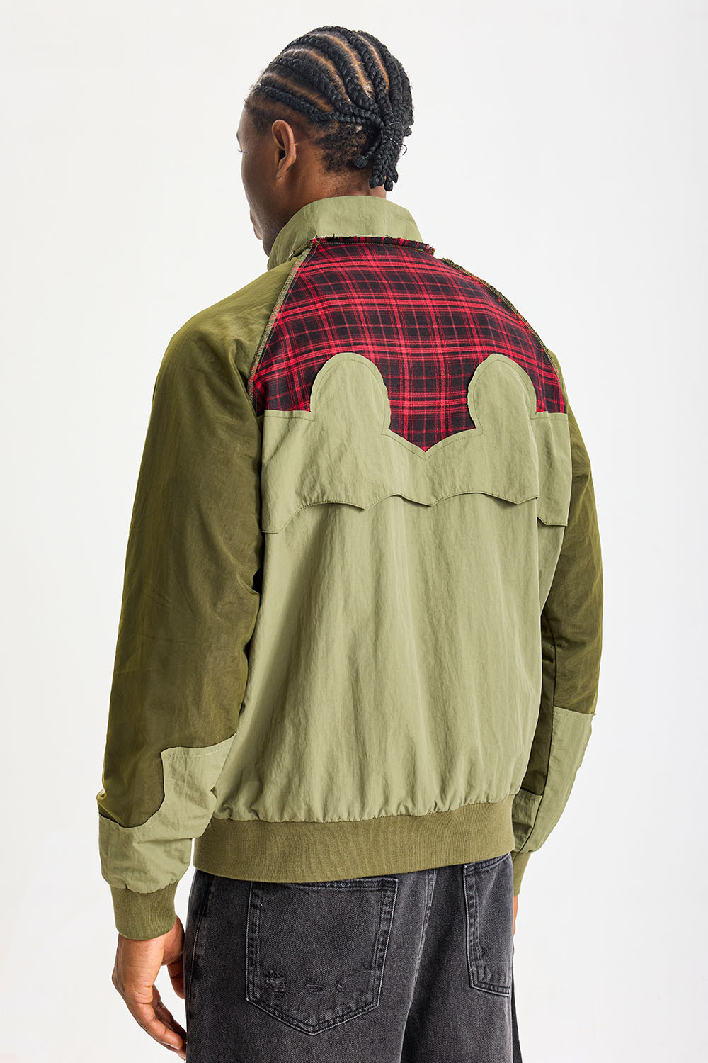 Custom Olive Mixed‑Fabric Patchwork Bomber Jacket | Men Retro Red Plaid Raw‑Edge Splicing Stand Collar Streetwear Jacket
