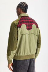 Custom Olive Mixed‑Fabric Patchwork Bomber Jacket | Men Retro Red Plaid Raw‑Edge Splicing Stand Collar Streetwear Jacket